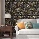 Laatse Vintage Wallpaper Peel and Stick Black Floral Wallpaper 17.5'' x 393'' Gold Leaf Contact Paper Vinyl Waterproof Self Adhesive Boho Botanical Wall Paper for Bedroom Shlef Cabinet Dcor