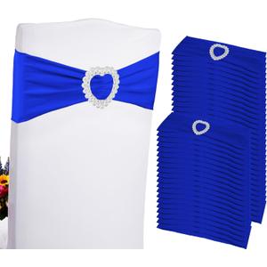 100PCS Spandex Stretch Royal Blue Chair Sashes Bows Universal Elastic Chair Cover Bands Ties with Buckle Slider for Wedding Party Ceremony Reception Event Banquet Decoration(Royal Blue)