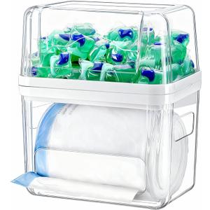 Trash Bag Dispenser Dishwasher Pod Organizer, 3 in 1 Grocery Garbage Bags Holder Storage Box Clear Laundry Room Pods Dishwasher Tab Cleaner Tablets Container Pantry Kitchen Under Sink Organizers