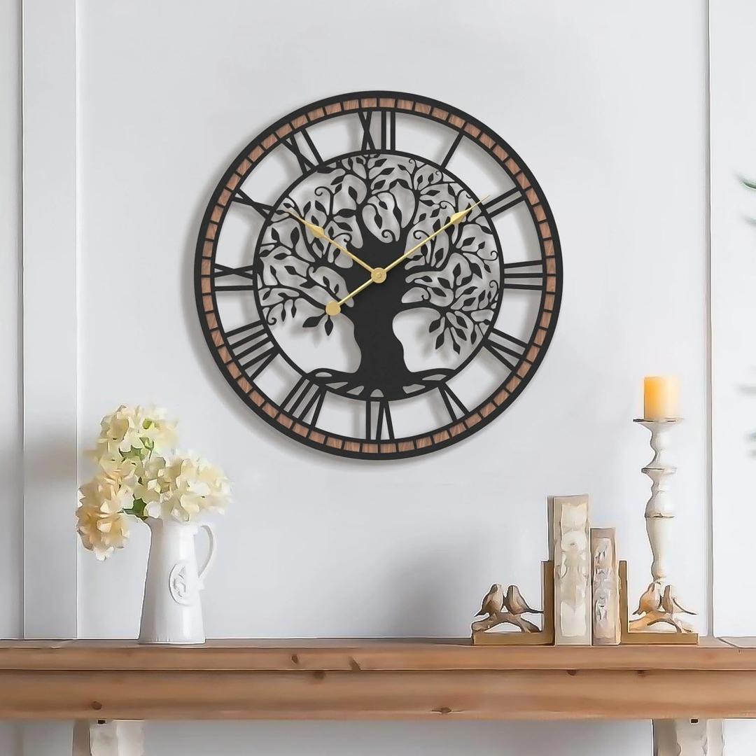 Micasso Non-Ticking Large Wall Clock: 18Inch Tree of Life Metal Black with Solid Wood Frame - Battery Operated Silent Clock for Living Room/Office/Bedroom/Kitchen - Home Decor for Fashion-Conscious