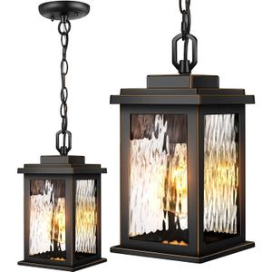 VIANIS Outdoor Pendant Light Fixture, Farmhouse Exterior Hanging Lights with Adjustable Chain, Anti-Rust Aluminum Frame with Temperate Water Glass, Hanging Lantern for Front Door Ceiling Entry Porch (Standard, Black)