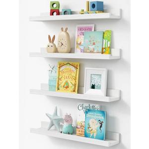 Forbena Floating Nursery Book Shelves for Wall, 24 Inches Long Wall Bookshelf for Kids Room, White Picture Ledge Shelf with Lip for Kid Toddler Child Childrens Bedroom Books (Solid Wood, Set of 4)