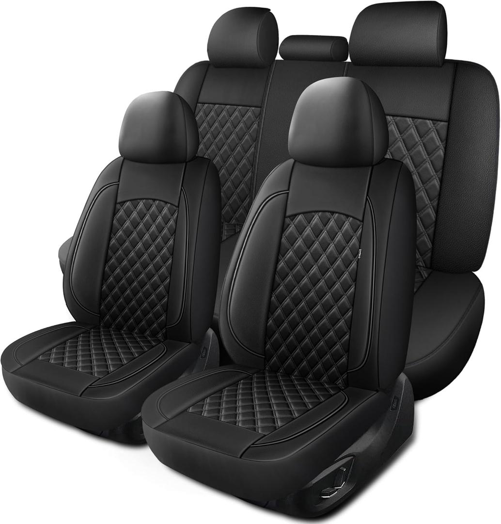 HChengkikz Car Seat Covers Full Set, Breathable and Waterproof Napa Leather Car Seat Cover, Interior Universal Fit for Cars, Sedans, SUVs, Vans, Trucks (Full Seat, Black)