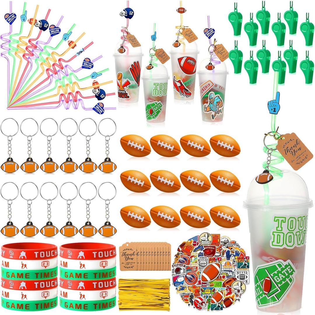 Weysat 184 Pcs Football Party Favors Party Supplies with Cup Straw Stress Ball Keychain Sticker Bracelet Whistle Thank You Tags for Birthday Decorations (Football)