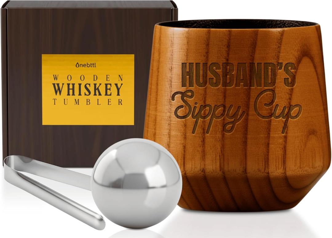 Onebttl Husband Gifts Engagement Gift for him, Charred Wooden Bourbon Drinking Glass, Whiskey Bourbon Gifts for Men - Wooden Old Fashioned Glass for Men, Dad, or Brother