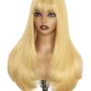 Twobla Blonde Glueless Lace Front Wig For Women | 26 Inch Long Straight Layered Synthetic Wig With Curtain Bangs | Heat Resistant, Wear & Go, No Glue Needed | Cosplay & Daily Use