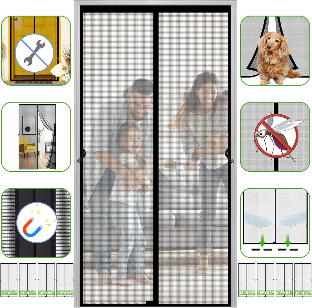 Door Screen Magnetic Closure Fits Door Size 36 x 96, Screen Size 38" x 97", Fiberglass Mesh Curtain with Magnets Heavy Duty, Black