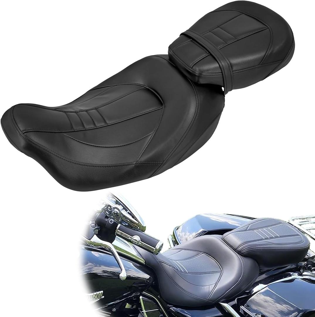 Motorcycle Seat Passenger Rider Two-up Pillion Fit for Harley Touring Street Glide Road Glide Road King Electra Glide 2009-up (Black Stitching)