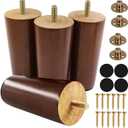 4 Inches Round Solid Wood Furniture Legs Set of 4, Brown Wooden Replacement Feet with Threaded 5/16'' Hanger Bolts for Sofa, Couch, Armchair, Cabinet, TV Stand, Ottoman and Dresser
