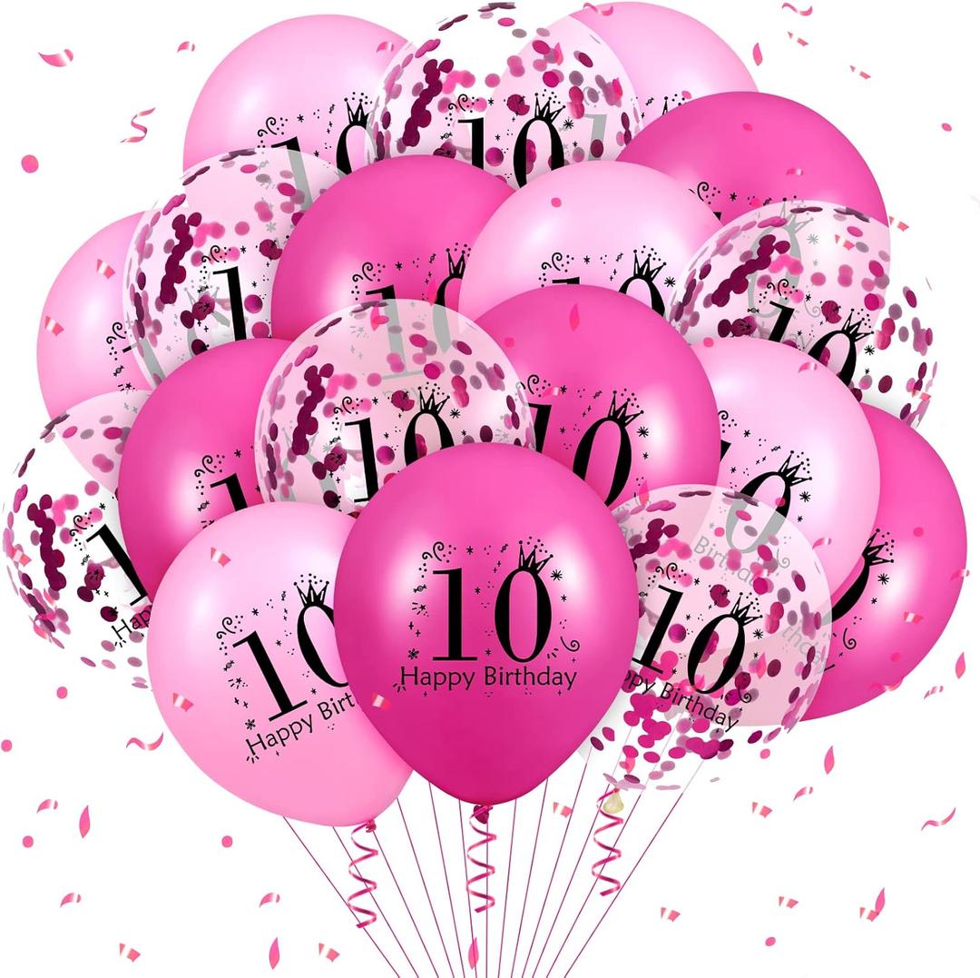 RUMIA Pink 18Pcs 10th Birthday Balloons: Hot Pink & Pink, 12 Inch, Latex, Confetti, Unisex Kids & Adults
