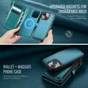 Defencase for iPhone 15 Magnetic Wallet Case Compatible with Magsafe with RFID Blocking Zipper & Card Holder for Women Men, PU Leather Strap Detachable Phone Case for iPhone 15 (6.1 inch), Blue Green