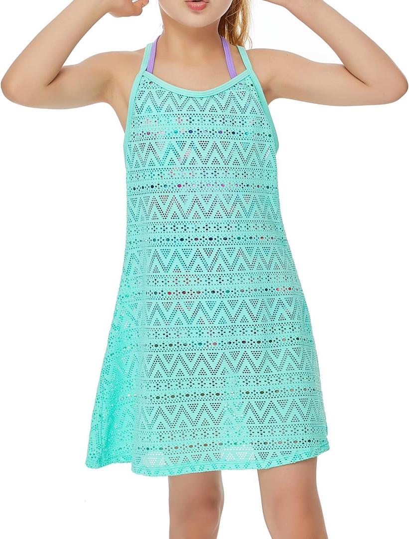 Girls Swim Cover Ups Beach Crochet Mesh Crossback Swimsuits Cover Up Dress for Girls 4-12 Years