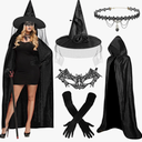 Witches Costume Women Hooded Cape Witch Hat Lace Masks Gloves Halloween Costumes Witch Outfit Women Dress up Cosplay Black