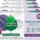 Seventh Generation Dryer Sheets Fabric Softener Fresh Lavender Scent with 100% Essential Oils and Botanical Ingredients, 80 Count (Pack of 4), Lavender