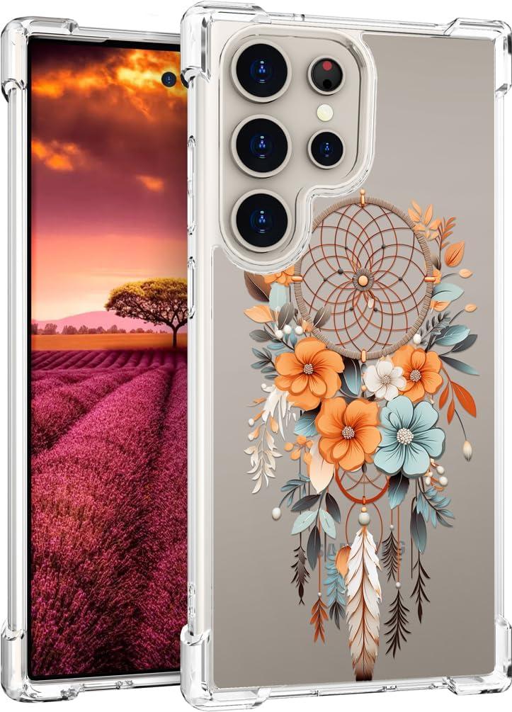 Compatible with Samsung Galaxy S24 Ultra Case Cute Clear for Women,Cool Transparent Silicone Phone Cases Cover - Orange Dreamcatcher Flowers