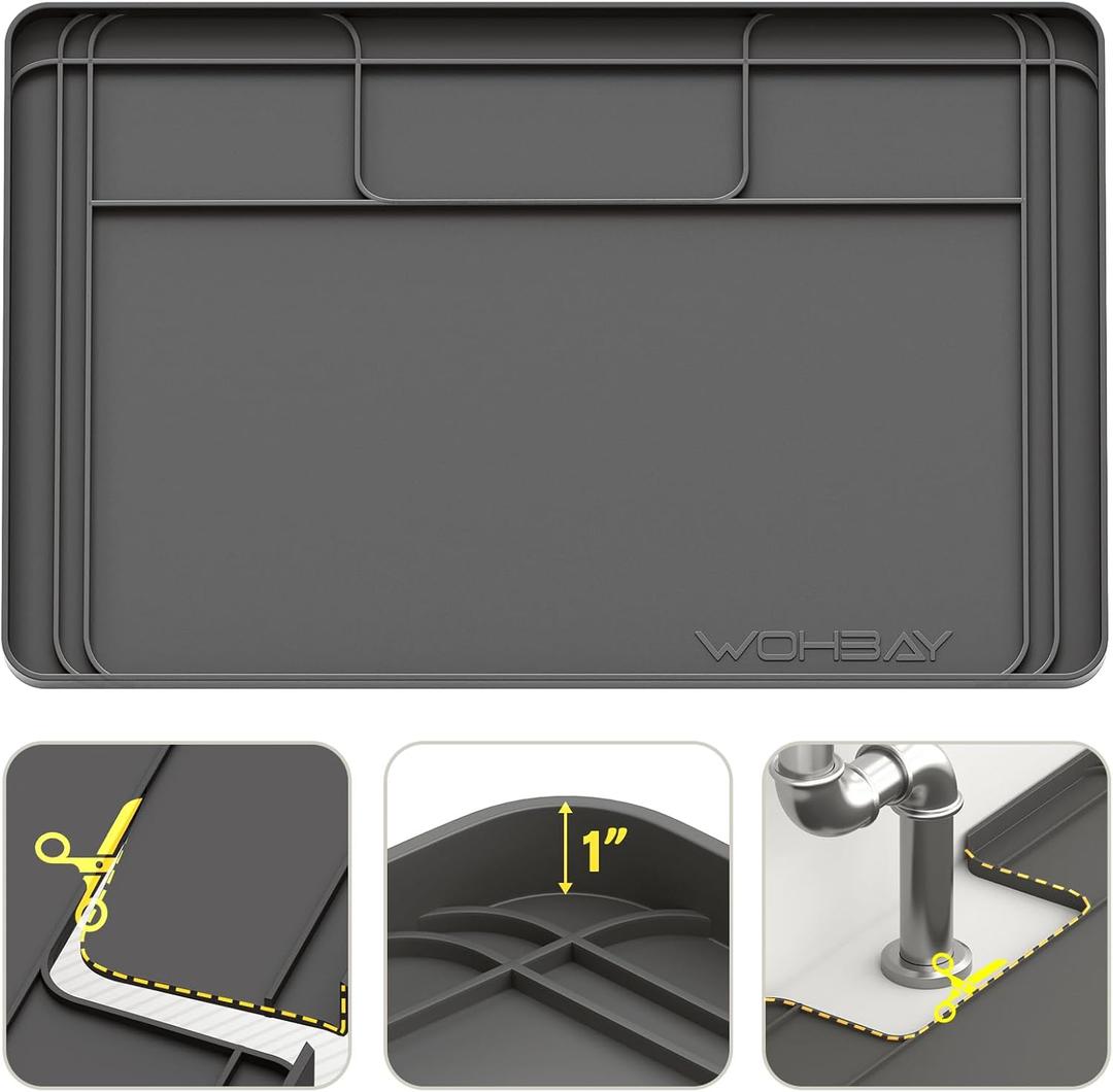 Under Sink Mats for Kitchen Waterproof, 34" X 22" Or Smaller Cut to Fit Under Sink Drip Tray for Kitchen Bathroom Cabinets, Silicone Liner Hold Up to 3.3 Gallons Liquid - Grey (Gray)