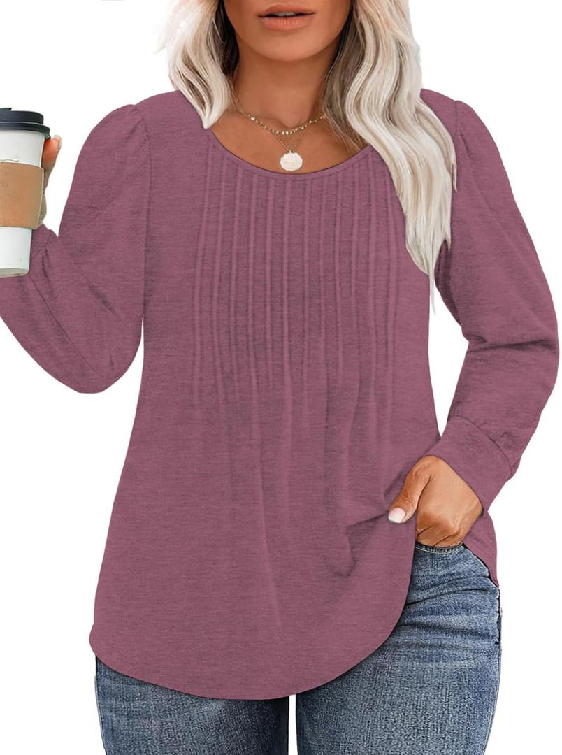 VISLILY Womens-Plus-Size-Dressy-Tops Trendy Puff Long Sleeve Casual Shirts (Purple, XXL)