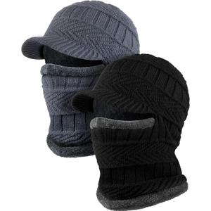 Syhood 2/3 Pcs Winter Knitted Balaclava Hat Warm Cycling Ski Mask Face Covering Hat Neck Gaiter for Winter Outdoor Sports (Black, Gray)
