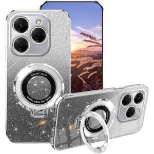 Compatible with Tecno Spark 20 Pro Case Silicone with Ring Holder, for Tecno Spark 20 Pro Phone Case Glitter Transparent Double Layer Detachable Soft TPU Shockproof Protective Slim Cover (Silver)