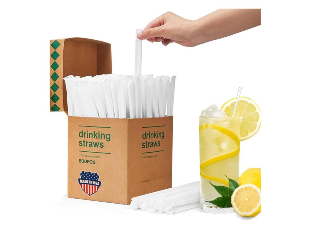 Plastic Straws [500 Pcs-7.8" Long] Individually Wrapped Clear Disposable Drinking Straws - Made in USA - Straight Long Straws for Party, 0.23'' Diameter