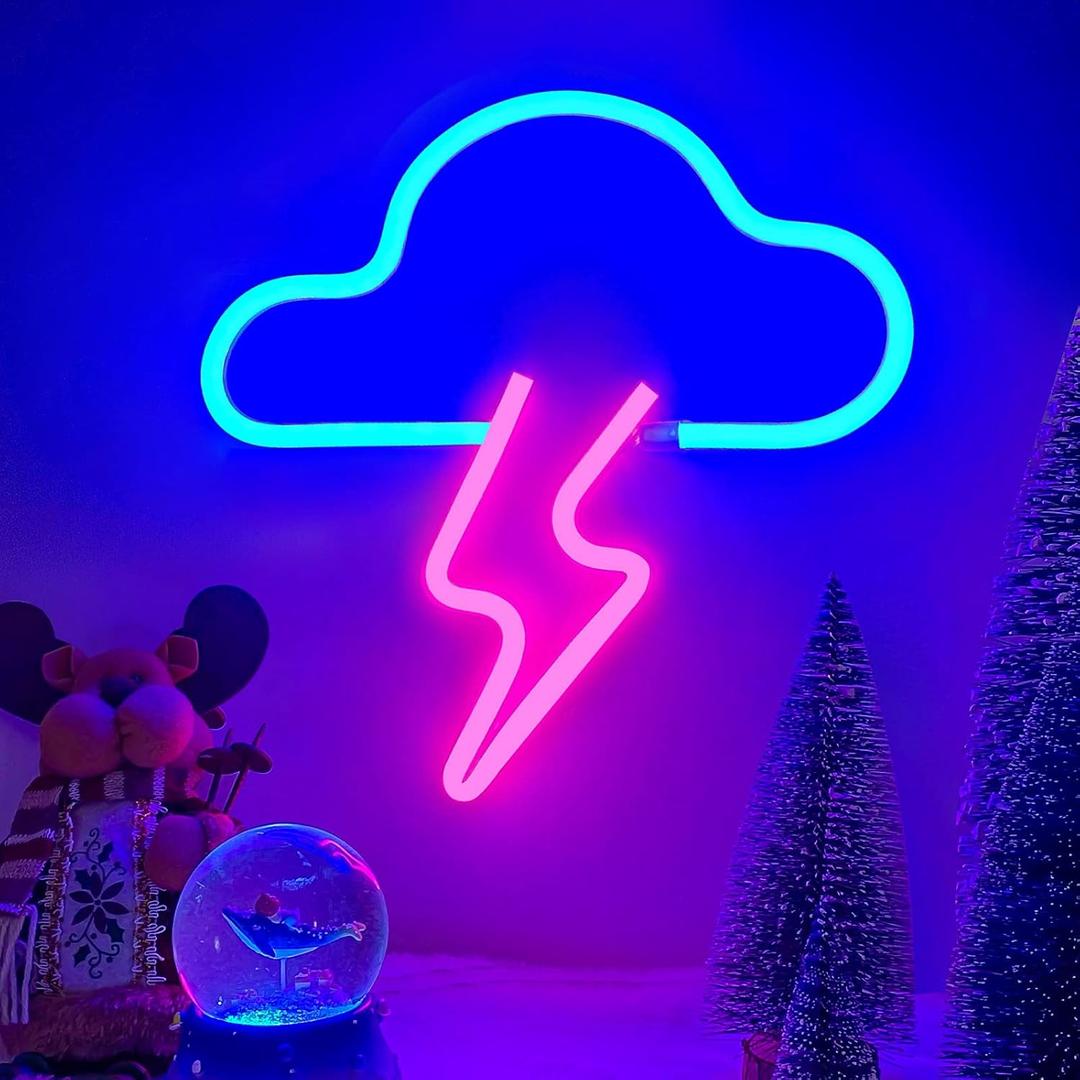 Neon Sign LED Cloud Lightning Neon Signs for Wall Decor Hanging Battery or USB Powered Light Up Neon Lights for Bedroom Aesthetic Kids Room Living Room Bar Party Christmas Wedding Pink
