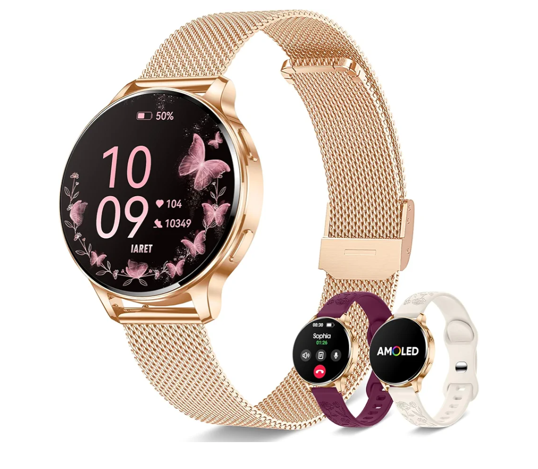 Smart Watches for Women, 1.27″ AMOLED Fitness Tracker with Heart Rate SpO2 Sleep Monitor, 3 Bands, 120+ Sport Modes, Call & Notifications, Smartwatch for Android & iPhone Compatible, 40 mm Rose Gold