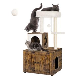 FourFurPets Multipurpose Litter Box Enclosure, Cat Tree and Condo, Side Table, with Large Platform, Cat House, Full Sisal Posts, Removable Washable Cushion, Rustic Brown (23.6"L x 19.5"W x 44.9"H)