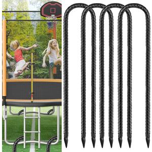 Black Trampoline Stakes Anchors High Wind 16inx10mm Galvanized U Hook 4pcs Rebar Stakes  Heavy Duty Ground Anchors for Trampoline,Yard & Inflatable,Landscape Metal Stakes for Outdoor Decorations (16inx10mm(3/8")x1.97in)