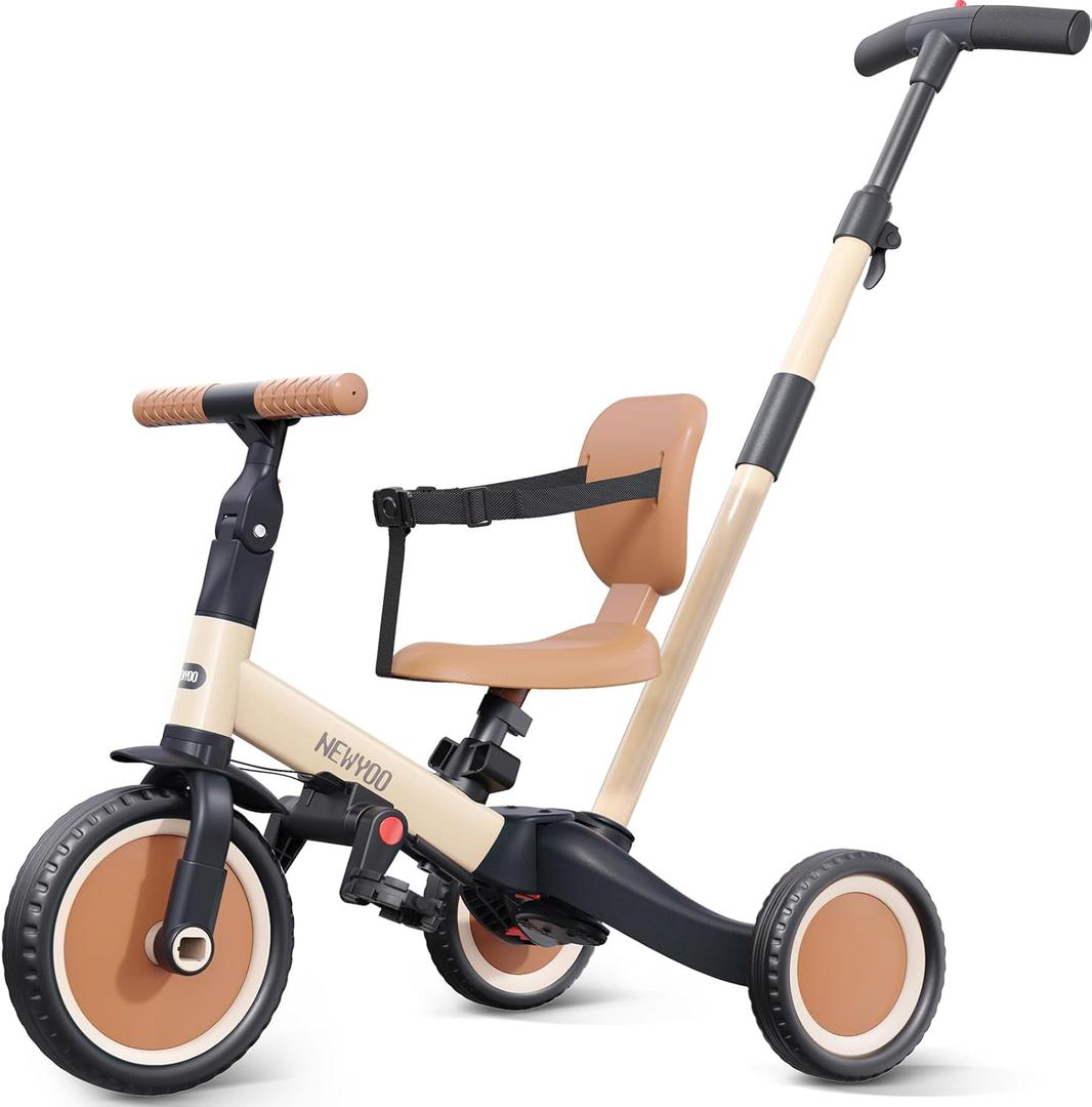 Newyoo Toddler Tricycle with Push Handle for 1-3 Year Old, Toddler Bike, Birthday Gift and Toy for Boys and Girls, 5 in 1 Kids Trike, Balance Bike with Backrest and Safety Belt, Khaki, TR007