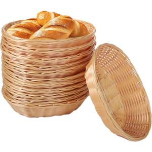 12Pcs Plastic Oval Baskets,Wicker Woven Fruit Basket Rattan Food Storage Baskets Bulk, Bread Baskets for Serving,Lightweight Snack Storage Bins,Stackable Empty Baskets for Kitchens,Christmas Gifts