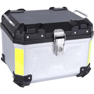Motorcycle Top Case 45L Trunk Tail Box Bag Aluminum alloy handle With Leather Lining Anti-Theft With Lock And Back Cushion Waterproof Dustproof Easy Installation With Universal Bracket Silver, 45 liters