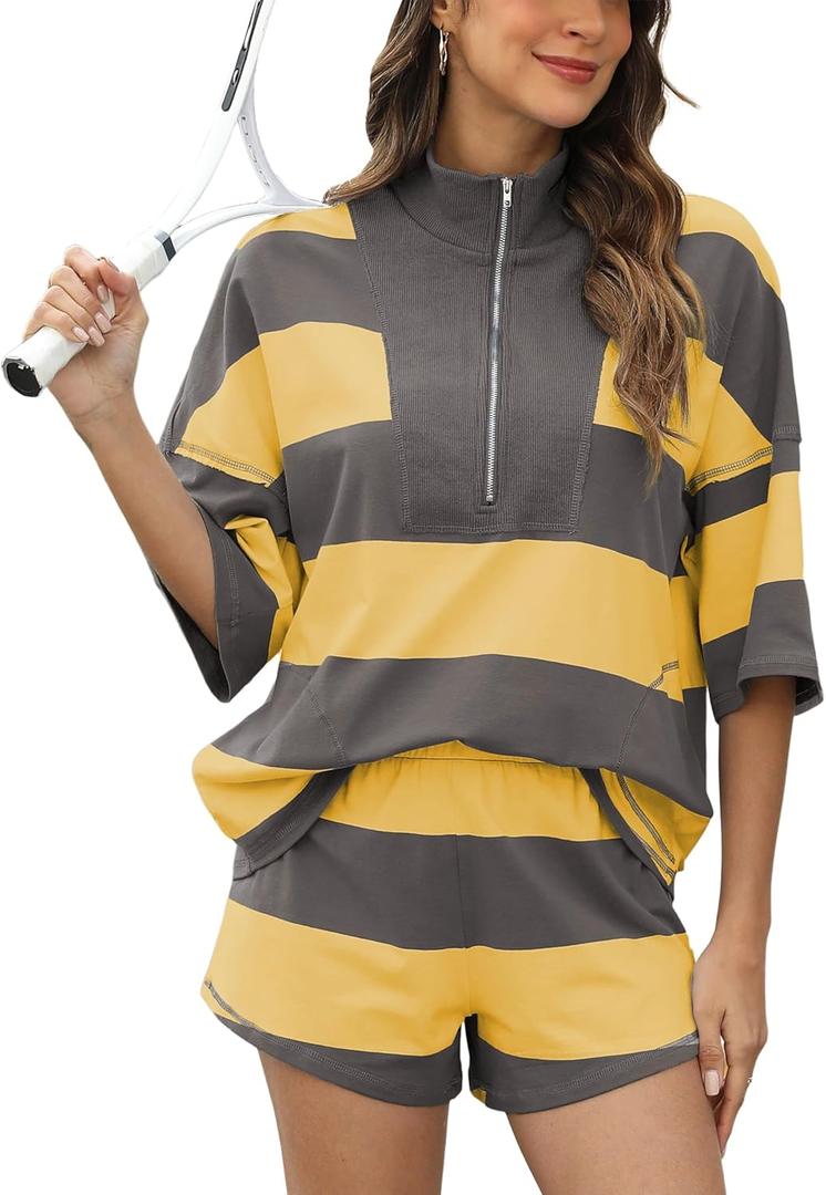 Women's Striped 2 Piece Outfits Oversized Lounge Set Summer Workout Sets Top and Shorts with Pockets (Medium, Yellow)