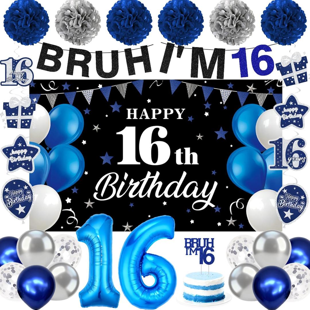 Blue Silver Black 16th Birthday Decorations for Boys Girls, Sweet 16 Party Supplies Kit Bruh I'm 16 Banner, Happy 16th Birthday Backdrop, Number 16 Balloons, Pompoms, Hanging Swirls, Cake Toppers
