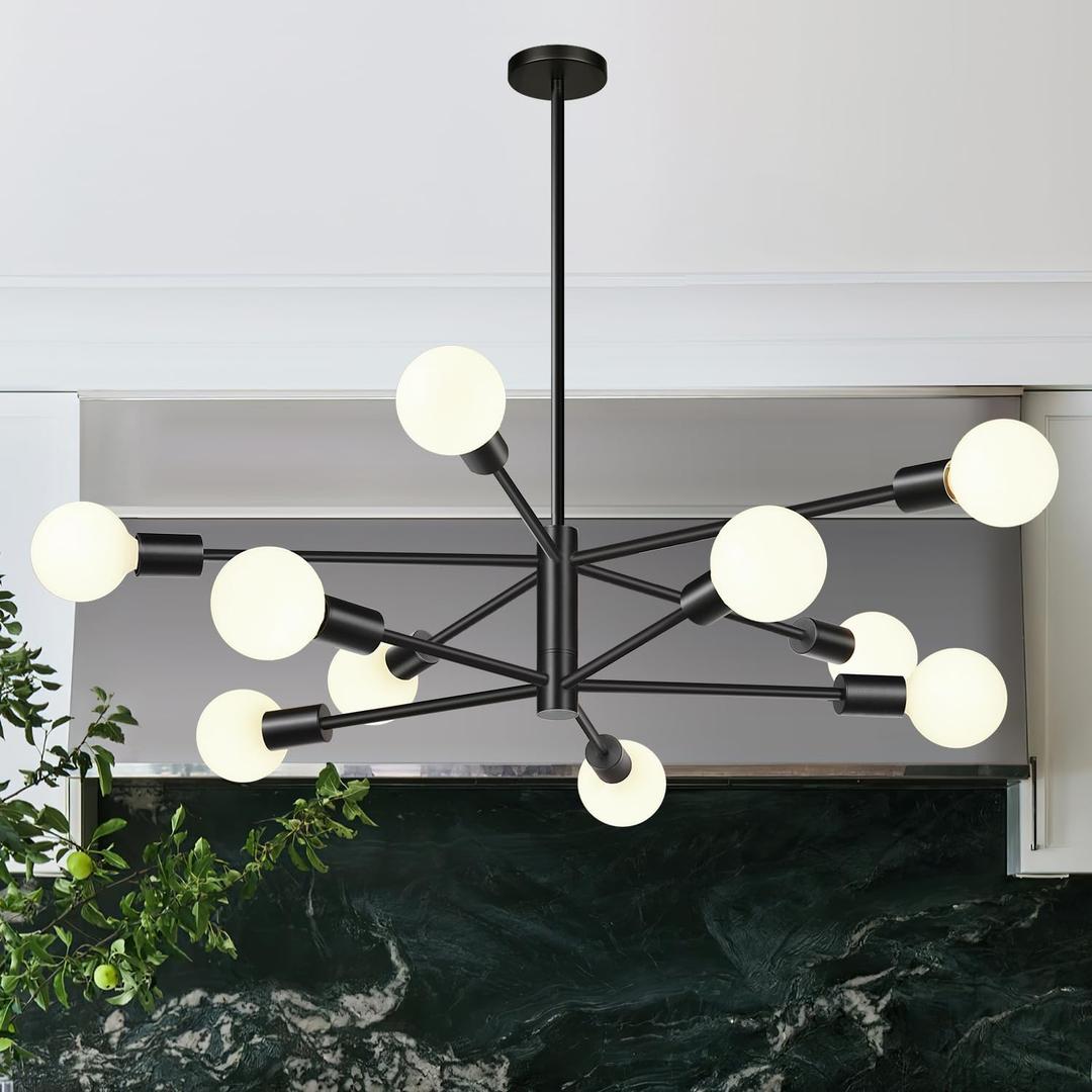Sputnik Chandeliers Dining Room Light Fixture (10-Light, 33-Inch), Modern Black Chandelier, Height Adjustable Mid Century Modern Chandeliers for Dining Room Kitchen Island
