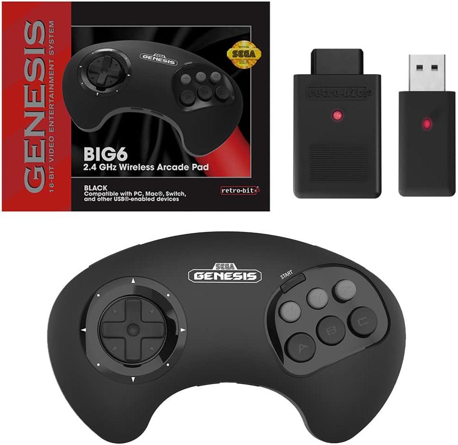 Retro-Bit BIG6 2.4 GHz Sega Genesis Wireless Arcade Controller Pad for Sega Genesis Original/Mini, Switch, PC, Mac - Black