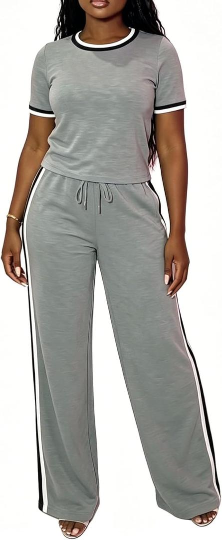 Ulovmi Women's 2 Piece Lounge Sets Crew Neck Short Sleeve Tops Wide Leg Pants Casual Matching Outfit Tracksuit with Pockets (Gray, L)