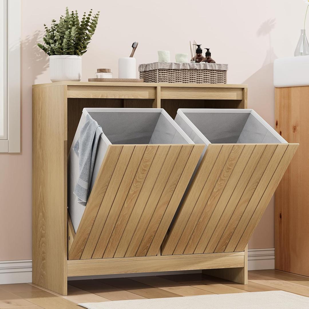 Smuxee Double Tilt Out Laundry Hamper Cabinet, Hidden Laundry Cabinet with Double Baskets, Natural Trash Can for Bathroom, Kitchen