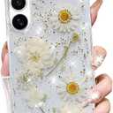 Changjia for Samsung Galaxy S25 Clear Glitter Floral Case, Cute Pressed Dried Real Flowers Design Bling Sparkly White Floral Soft TPU Bumper Shockproof Women Girls Protective Case for Galaxy S25,White