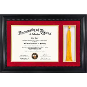 GMFrames 8.5x11 Diploma Frame with Tassel Holder, Solid Wood & Tempered Glass, Red over Gold Mat, Black Finish with Intricate Black Rope Detail, 11x17 for 8.5x11 with Tassel