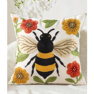 Embroidered Throw Pillow Cover 18x18 Inch - Spring Boho Decorative Animal Pillow Covers with Zipper for Couch Sofa Bedroom Living Room Cushion Pillowcase, Bee Floral