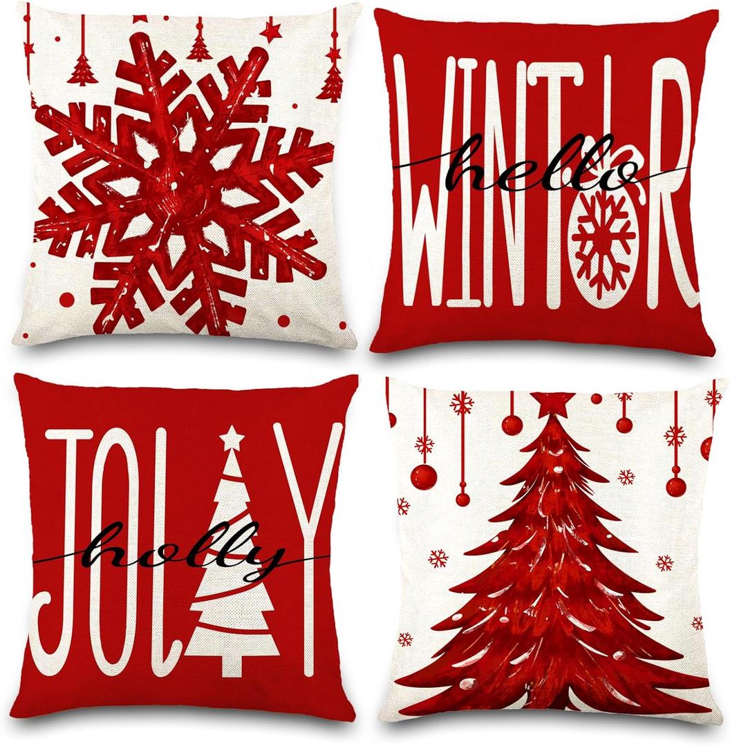 DIYDEC 4PCS Christmas Pillow Covers 18x18 inch Winter Throw Pillow Covers Red Christmas Tree Snowflake Pillow Covers Hello Winter Holly Jolly Decor Cushion Case for Holiday Home Sofa Couch