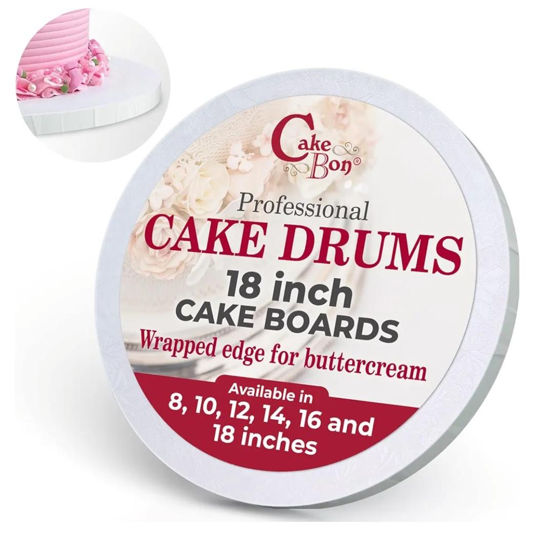 Cakebon Cake Boards - Sturdy 1/2 Thick Drums - 18 Inch Professional Fully Wrapped Edges White 3-Pack