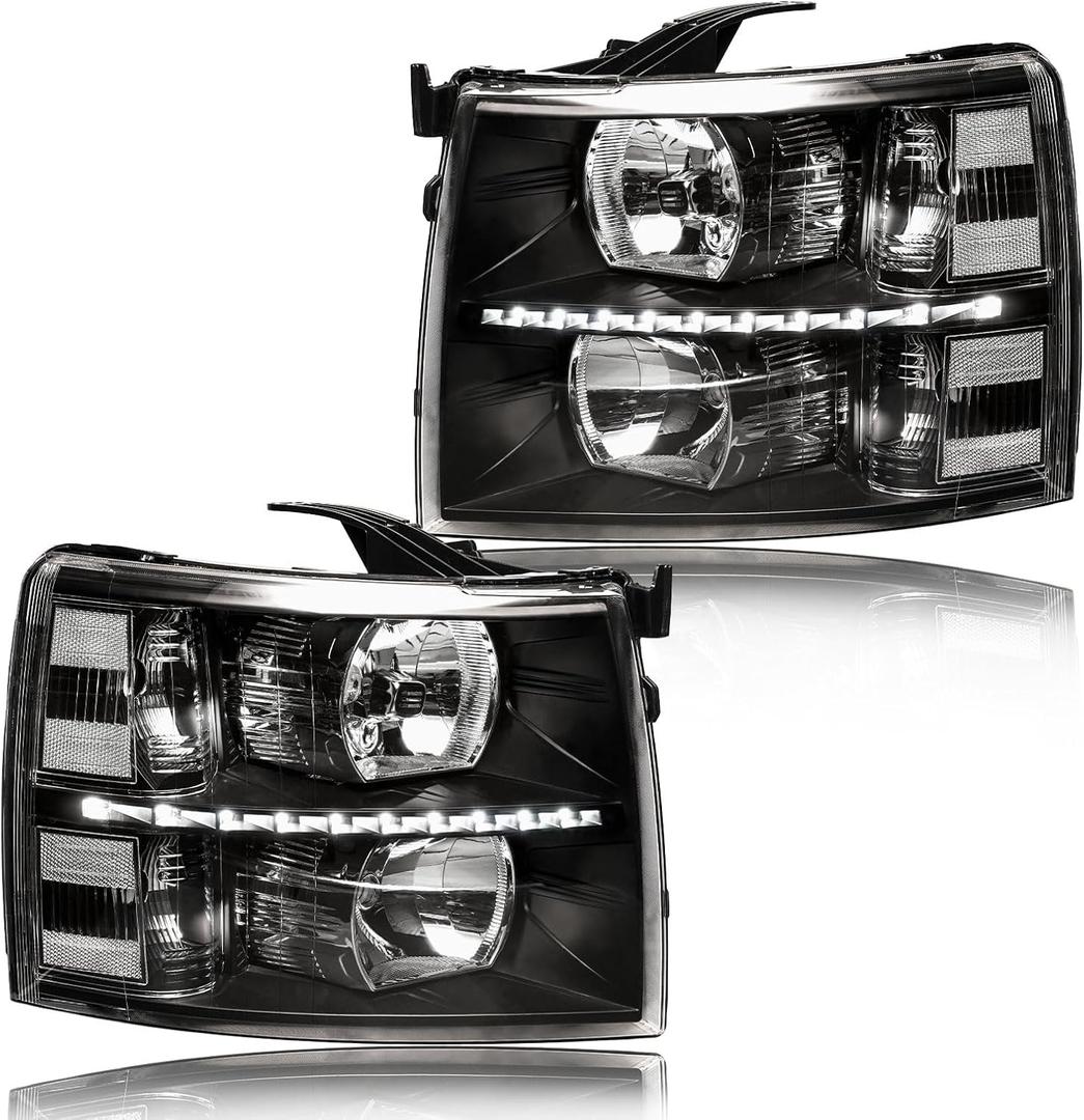 LED Headlight Assembly, Compatible with 2007-2013 Chevy Silverado 1500/2007-2014 Silverado 2500HD 3500 NOT Fit 2007(Old Body) Classic Models Black Housing Clear Reflector
