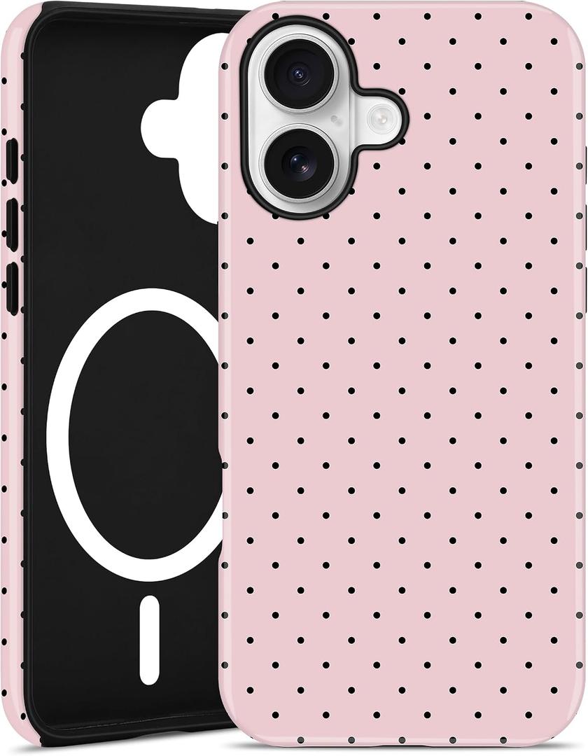 Jusy Compatible with MagSafe Polka Dot Case for iPhone 16, Cute Aesthetic Polka Dots Magnetic Phone Case, Soft TPU and Hard PC Protective Phone Cover for Women Girls（Matte） - Pink