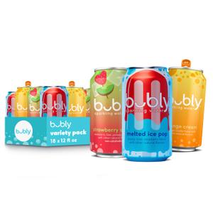 bubly Sparkling Water, 3 Flavor Variety Pack, 12 fl oz Cans (18 Pack) EXP: 10/01/2026