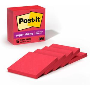 Post-it Super Sticky Notes, 5 Sticky Note Pads, 3 x 3 in., Ideal for Organization in Your Dorm, Home or Office, Single Color Packs Collection, Candy Apple Red