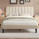 VECELO Queen Size Bed Frame with Upholstered Headboard, Velvet Platform Bedframe Mattress Foundation, Strong Wood Slat Support, No Box Spring Needed,Bone Beige
