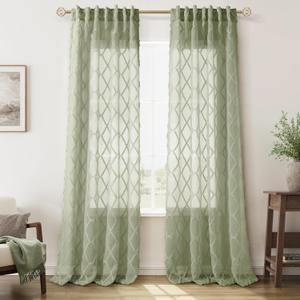 Sage Green Sheer Curtains 84 Inch Length for Living Room 2 Panels Back Tab Pocket Light Green Embroiderd Textured Boho Farmhouse Drapes Light Filtering Rustic Curtain for Dining Room Bedroom 52x84