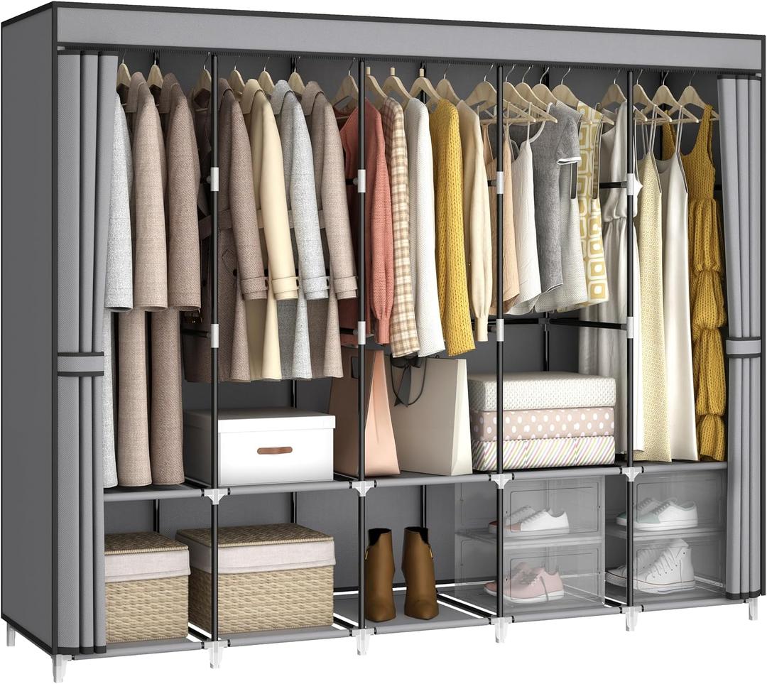 MOGELAFOO 83 Inch Wide Portable Closet Wardrobe, Clothes Storage Rack Organizer with Cover, 5 Clothes Hanging Rods and 10 Storage Shelves, Grey, 83"W x 18"D x 66"H