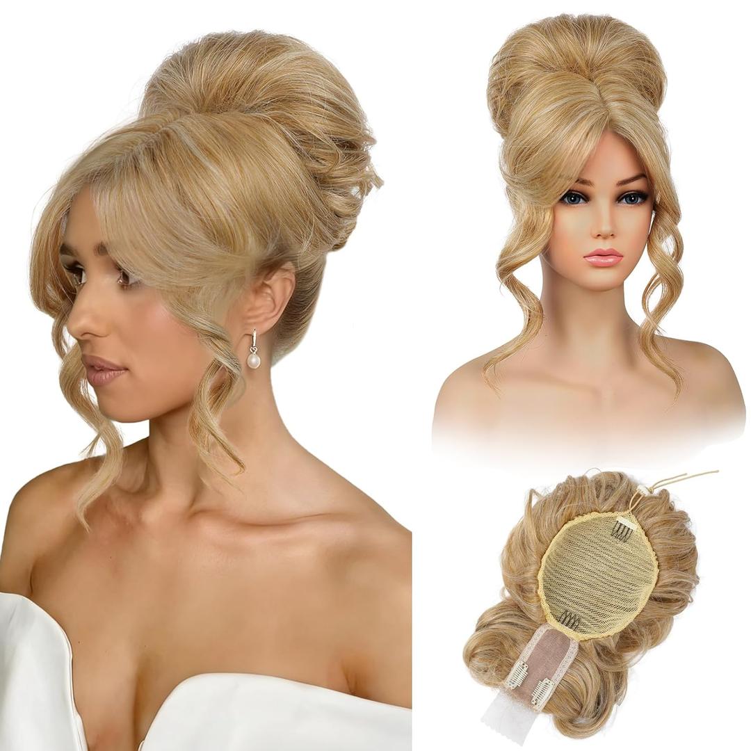 REECHO Messy Bun Hair Piece with Bangs 2-in-1 Drawstring Ponytail Extension Updo Wig & Hair Topper with Long Side Bangs, Natural-Looking Hair Bun Hairpieces for Women - Honey Blonde, Golden Blonde